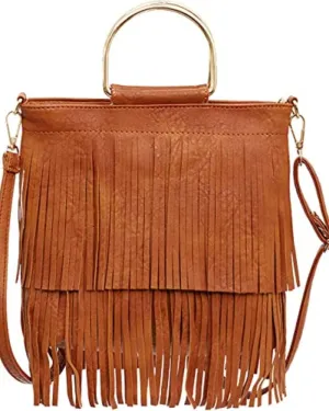 Ladies Fringe Crossbody Bag Leather Shoulder Bag Hobo Tote Bag (brown)