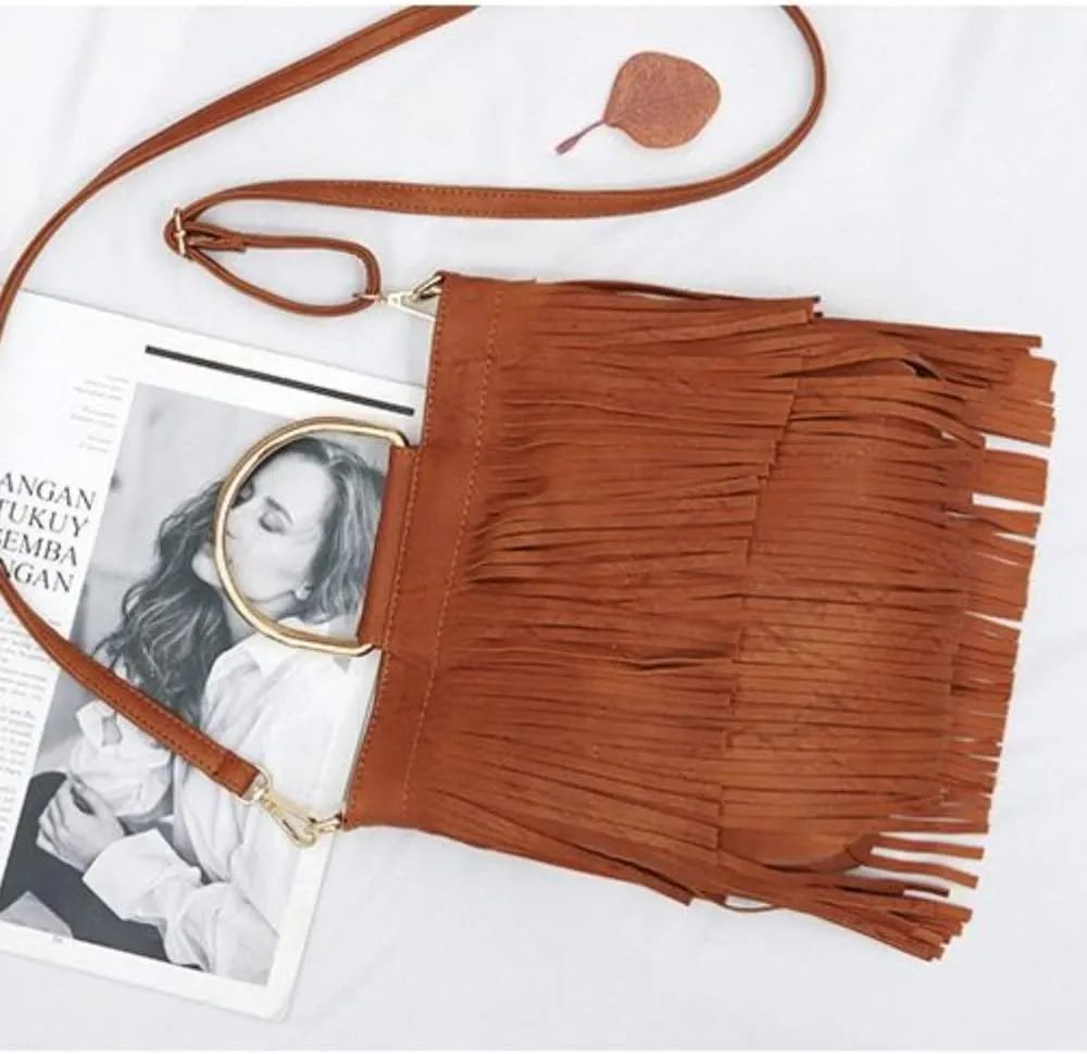 Ladies Fringe Crossbody Bag Leather Shoulder Bag Hobo Tote Bag (brown)