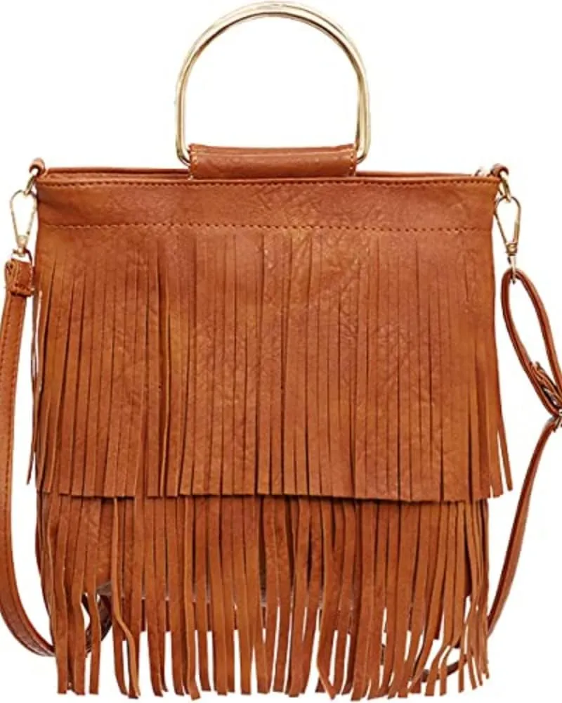 Ladies Fringe Crossbody Bag Leather Shoulder Bag Hobo Tote Bag (brown)