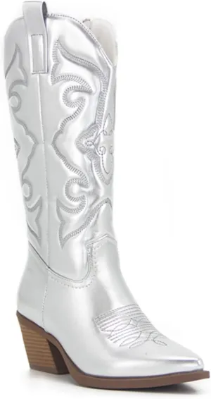 Ladmiple Cowboy Boots For Women Knee High Wide Calf Cowgirl Embroidered Western Chunky Heel Stitching Pull On Boots