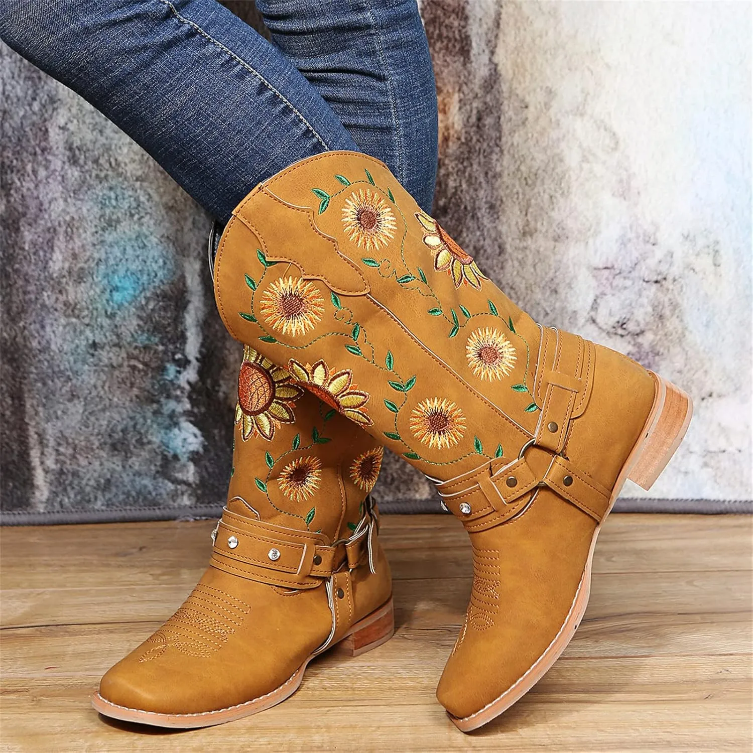 Ladmiple Cowboy Boots For Women Mid Calf Cowgirl Western Boots Sunflower Embroidery Knee High Chunky Heel Boot Pull-On