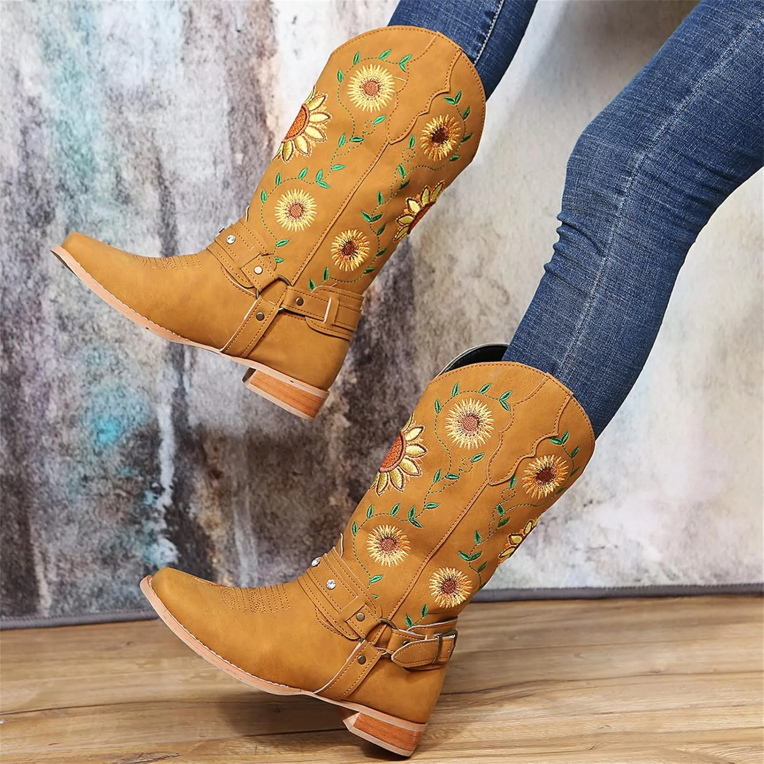 Ladmiple Cowboy Boots For Women Mid Calf Cowgirl Western Boots Sunflower Embroidery Knee High Chunky Heel Boot Pull-On