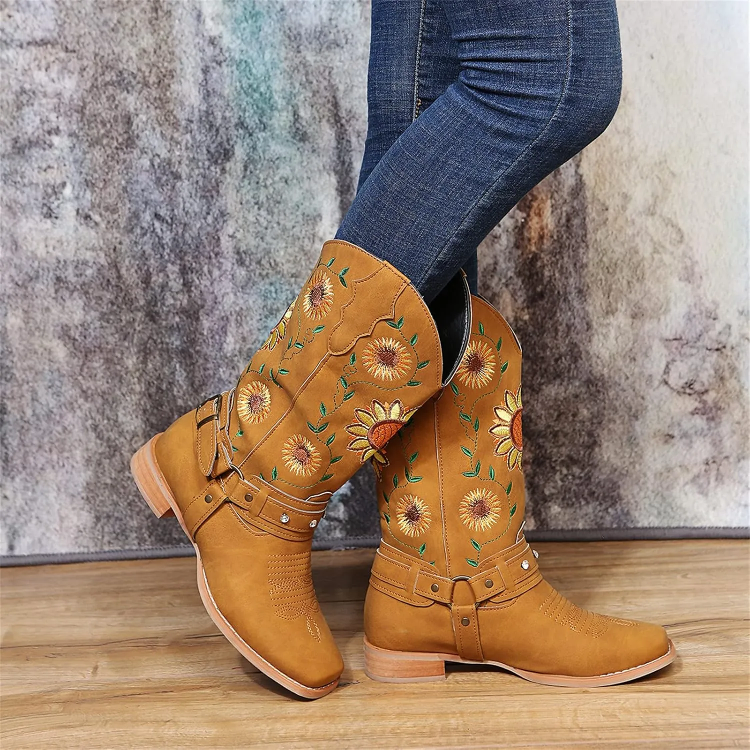 Ladmiple Cowboy Boots For Women Mid Calf Cowgirl Western Boots Sunflower Embroidery Knee High Chunky Heel Boot Pull-On