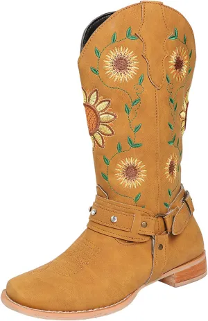 Ladmiple Cowboy Boots For Women Mid Calf Cowgirl Western Boots Sunflower Embroidery Knee High Chunky Heel Boot Pull-On