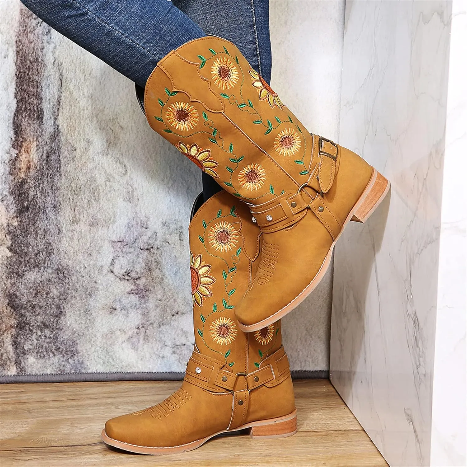 Ladmiple Cowboy Boots For Women Mid Calf Cowgirl Western Boots Sunflower Embroidery Knee High Chunky Heel Boot Pull-On