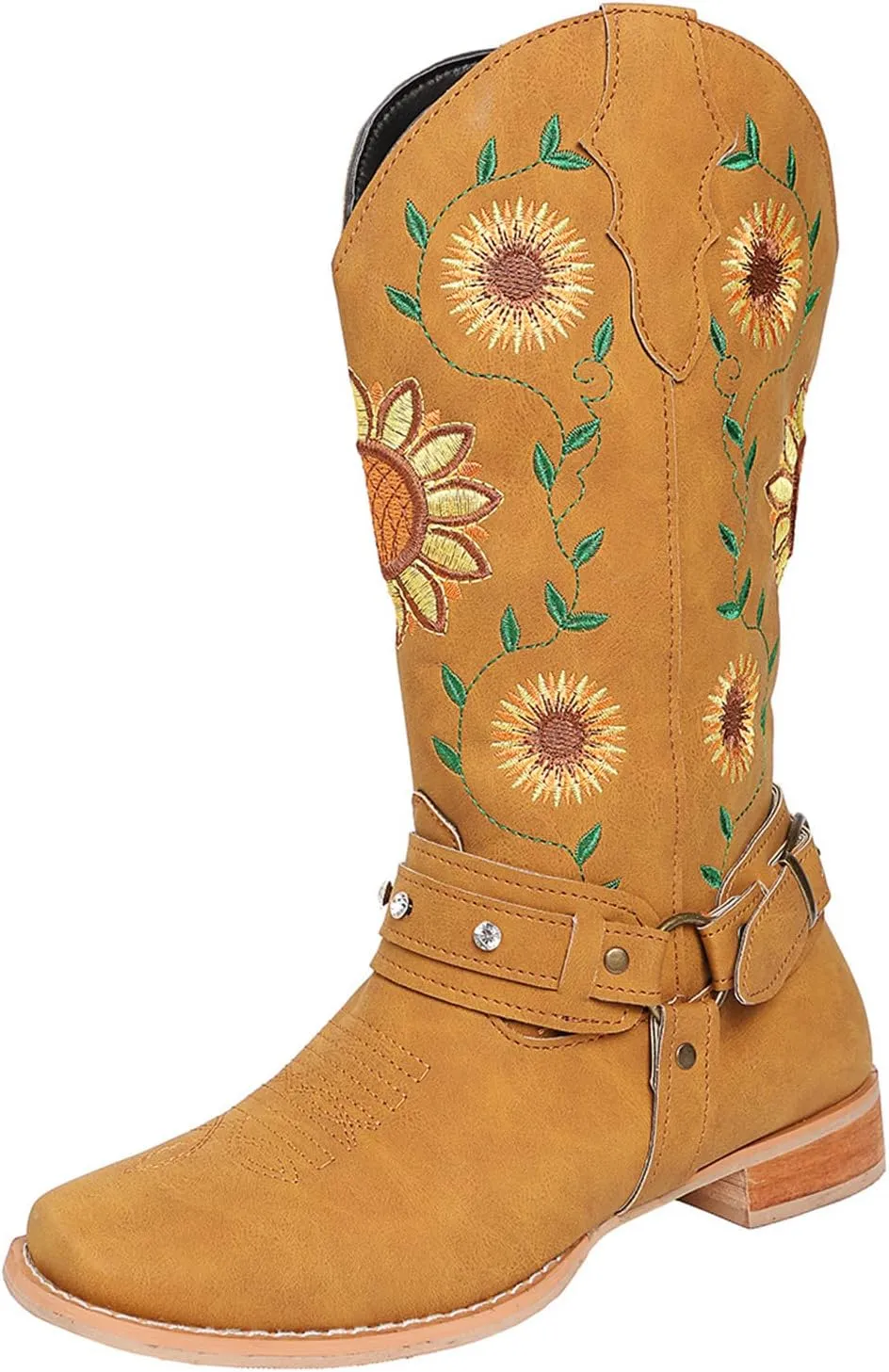 Ladmiple Cowboy Boots For Women Mid Calf Cowgirl Western Boots Sunflower Embroidery Knee High Chunky Heel Boot Pull-On