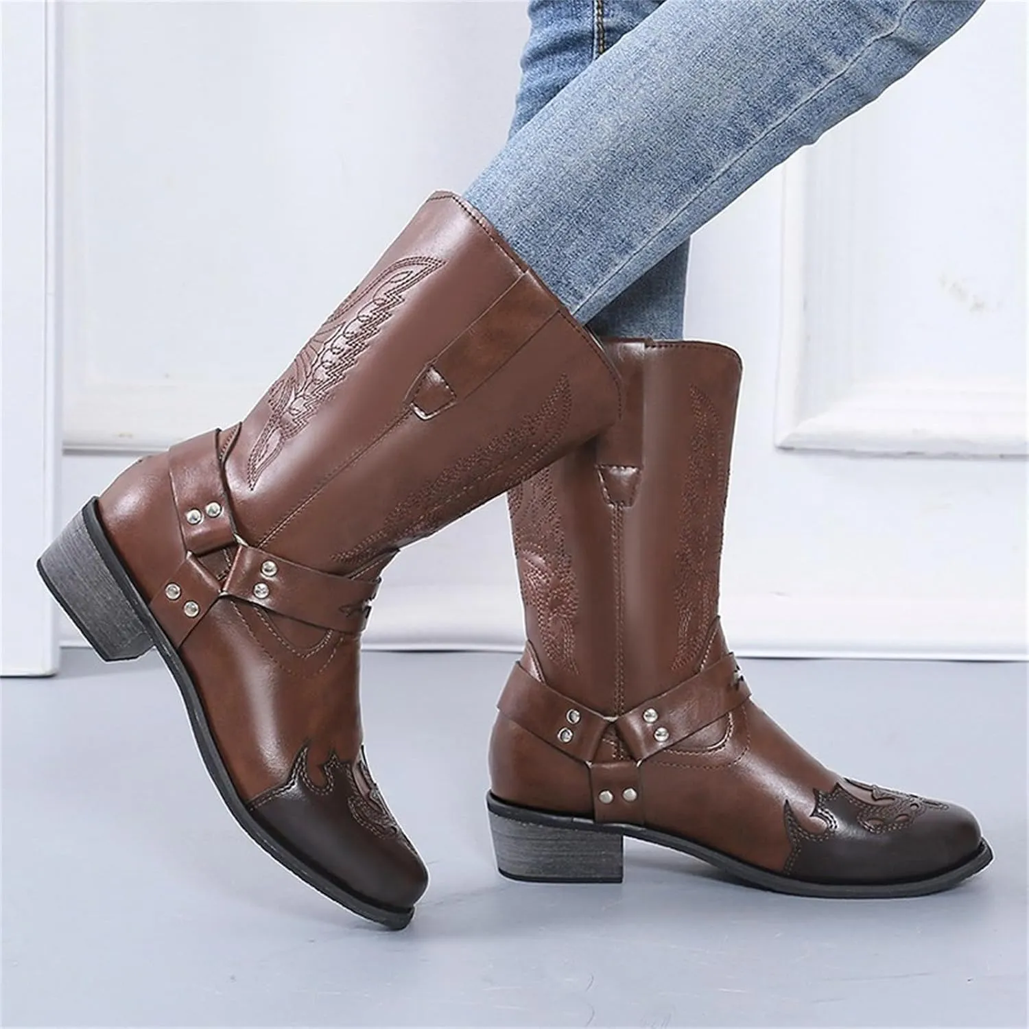 Ladmiple Cowboy Boots For Women Mid Calf Wide Width Knee High Seam Mid Heel Block Heel Fashion Cowgirl Boots Slip-On