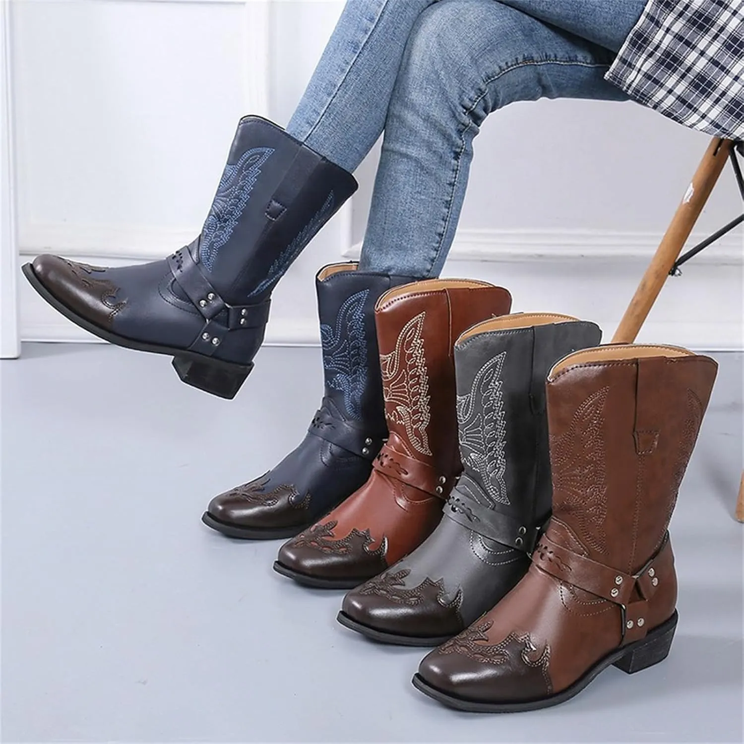 Ladmiple Cowboy Boots For Women Mid Calf Wide Width Knee High Seam Mid Heel Block Heel Fashion Cowgirl Boots Slip-On