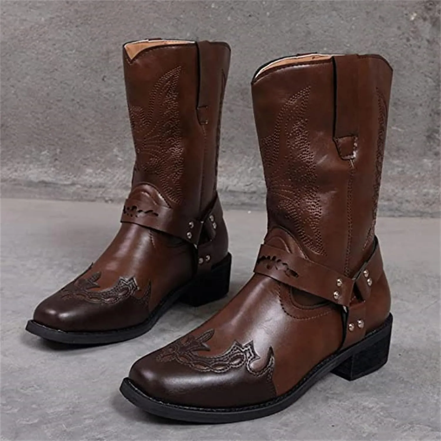 Ladmiple Cowboy Boots For Women Mid Calf Wide Width Knee High Seam Mid Heel Block Heel Fashion Cowgirl Boots Slip-On