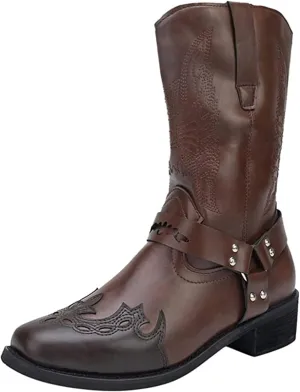 Ladmiple Cowboy Boots For Women Mid Calf Wide Width Knee High Seam Mid Heel Block Heel Fashion Cowgirl Boots Slip-On