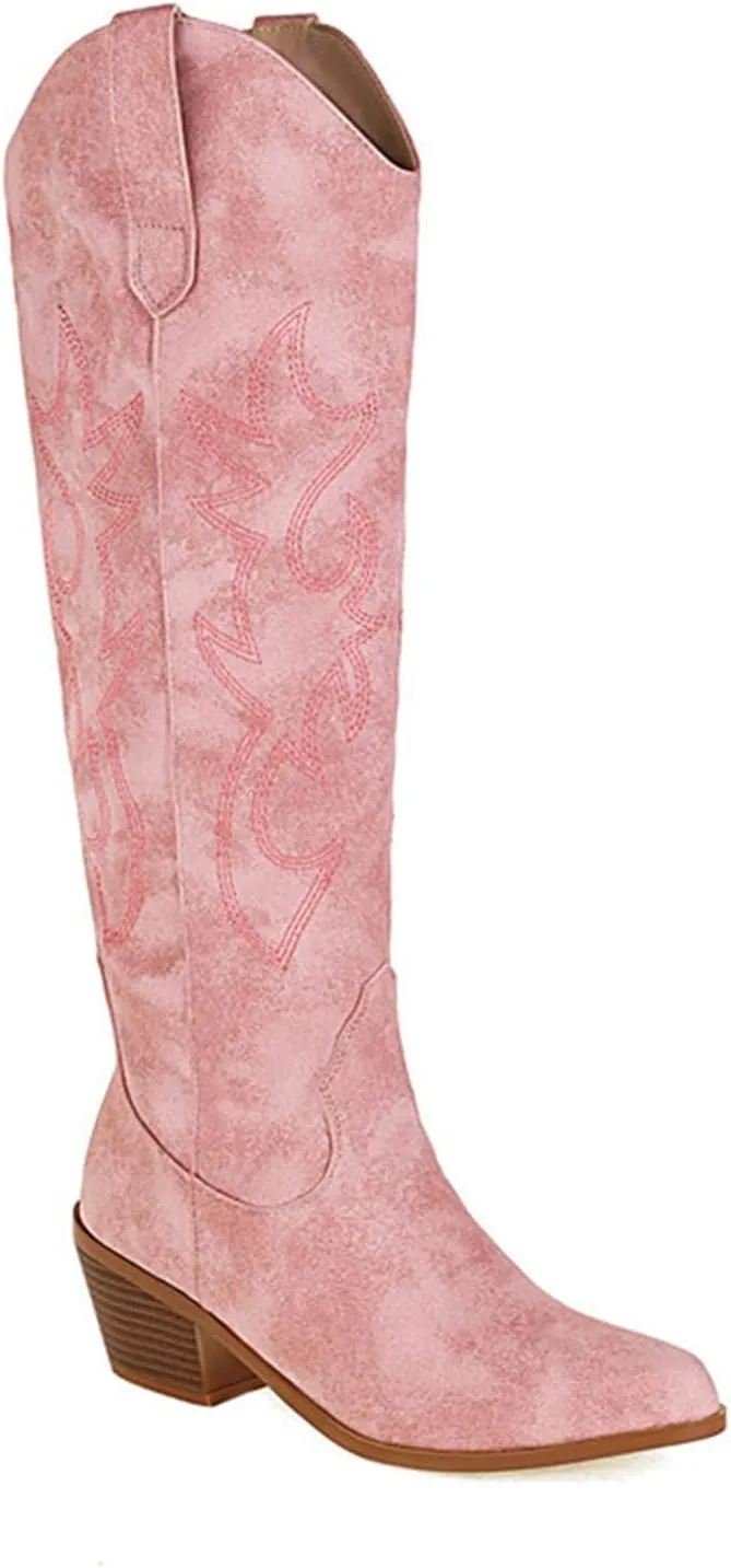 Ladmiple Cowboy Boots For Women Mid Calf Wide Width Pointed Toe Chunky Heel Cowgirl Embroidered Western Knee High Boots