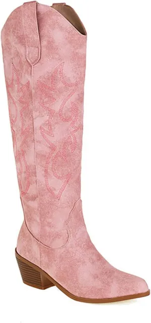 Ladmiple Cowboy Boots For Women Mid Calf Wide Width Pointed Toe Chunky Heel Cowgirl Embroidered Western Knee High Boots