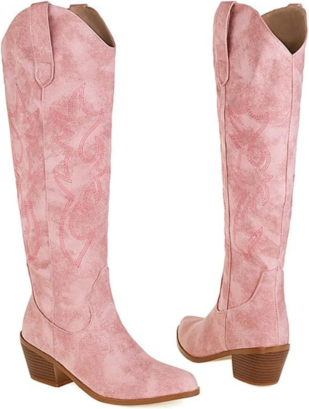 Ladmiple Cowboy Boots For Women Mid Calf Wide Width Pointed Toe Chunky Heel Cowgirl Embroidered Western Knee High Boots