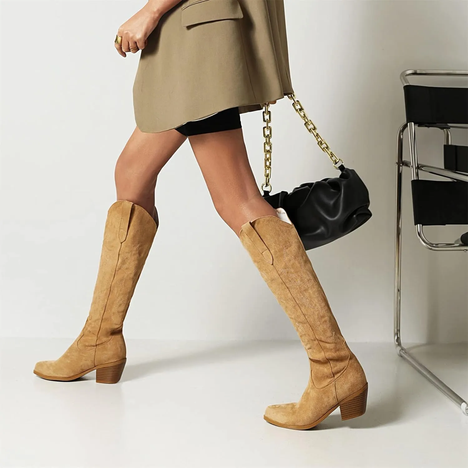 Ladmiple Cowboy Boots For Women Mid Calf Wide Width Pointed Toe Chunky Heel Cowgirl Embroidered Western Knee High Boots