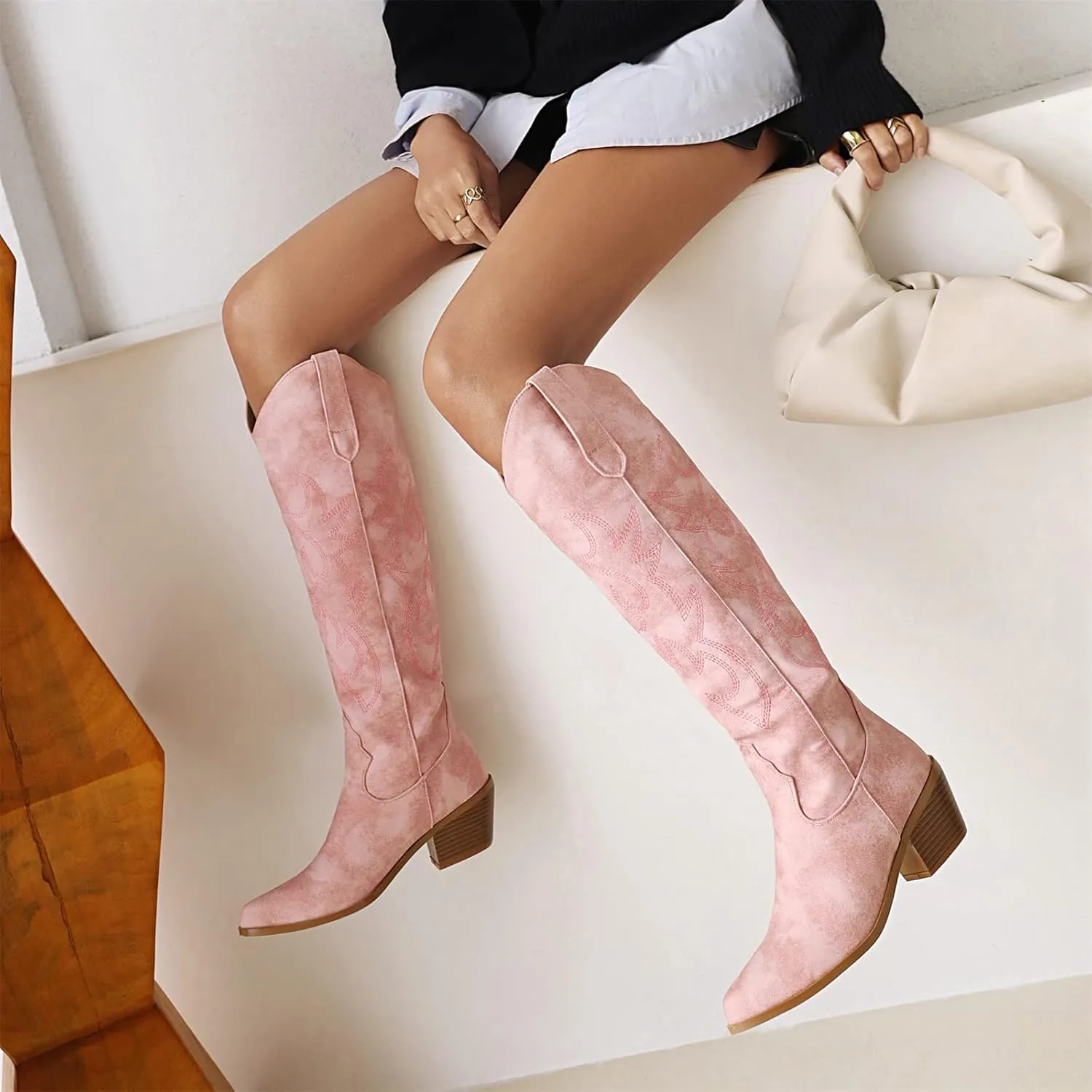 Ladmiple Cowboy Boots For Women Mid Calf Wide Width Pointed Toe Chunky Heel Cowgirl Embroidered Western Knee High Boots