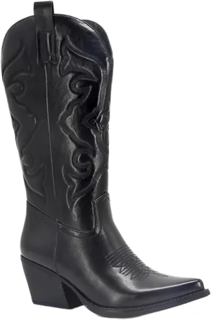 Ladmiple Cowboy Boots For Women Wide Calf Knee High Cowgirl Boots Western Embroidered Pull On Chunky Heel Fashion Boots