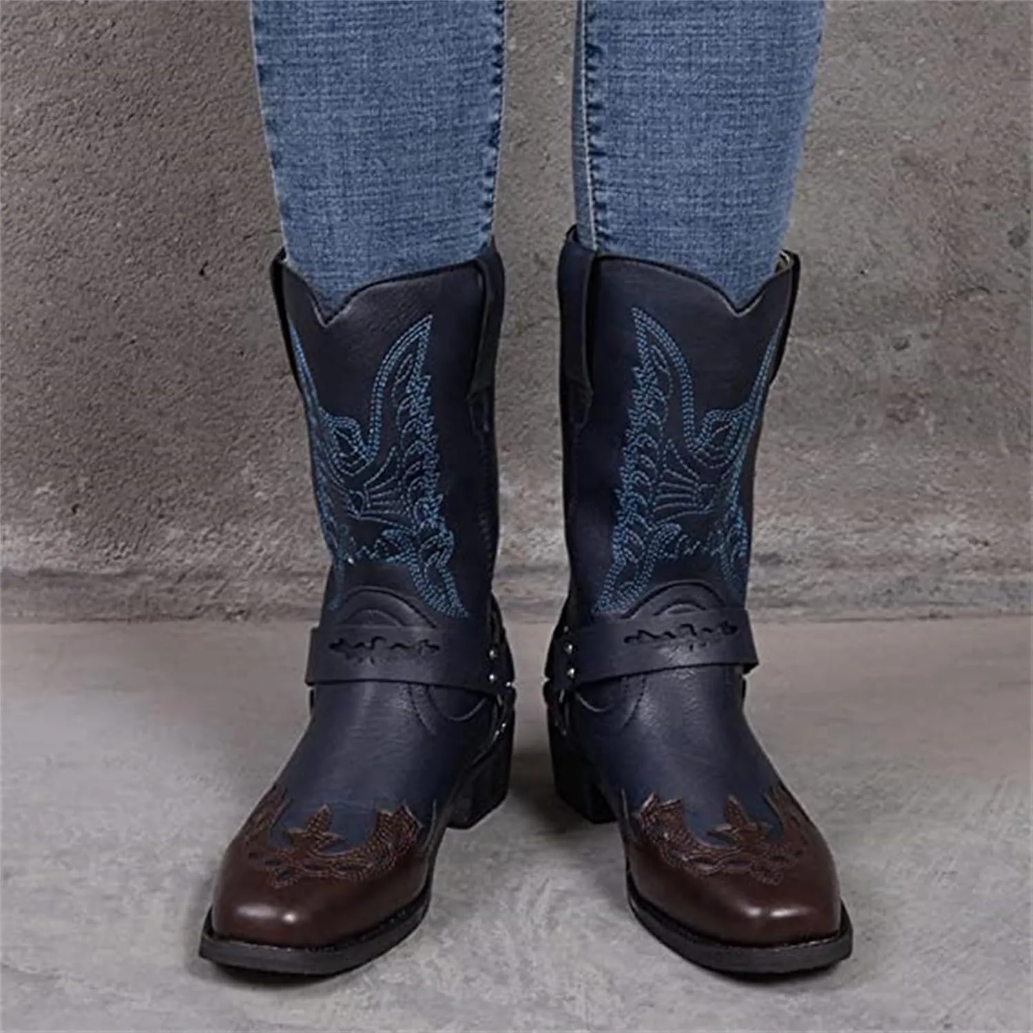 Ladmiple Cowboy Boots For Women Wide Calf Knee High Embroidered Pull-On Chunky Heel Cowgirl Western Fashion Tall Boot