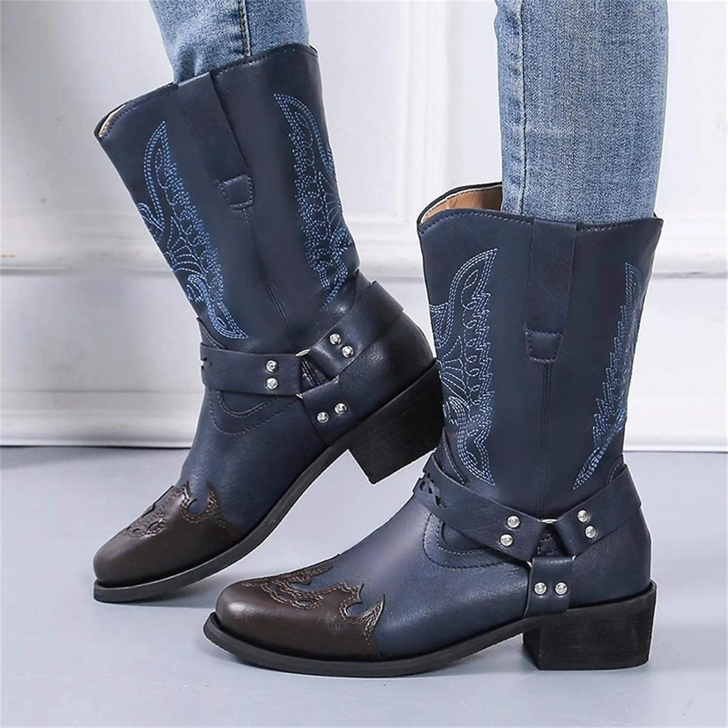Ladmiple Cowboy Boots For Women Wide Calf Knee High Embroidered Pull-On Chunky Heel Cowgirl Western Fashion Tall Boot