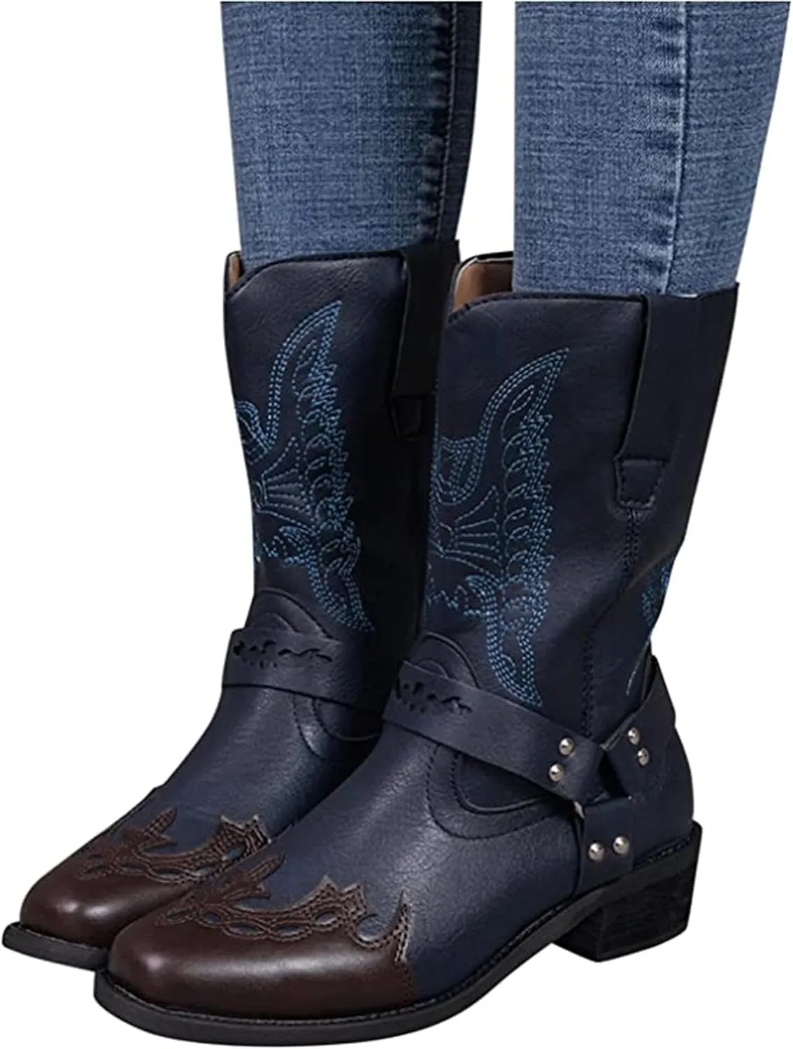 Ladmiple Cowboy Boots For Women Wide Calf Knee High Embroidered Pull-On Chunky Heel Cowgirl Western Fashion Tall Boot