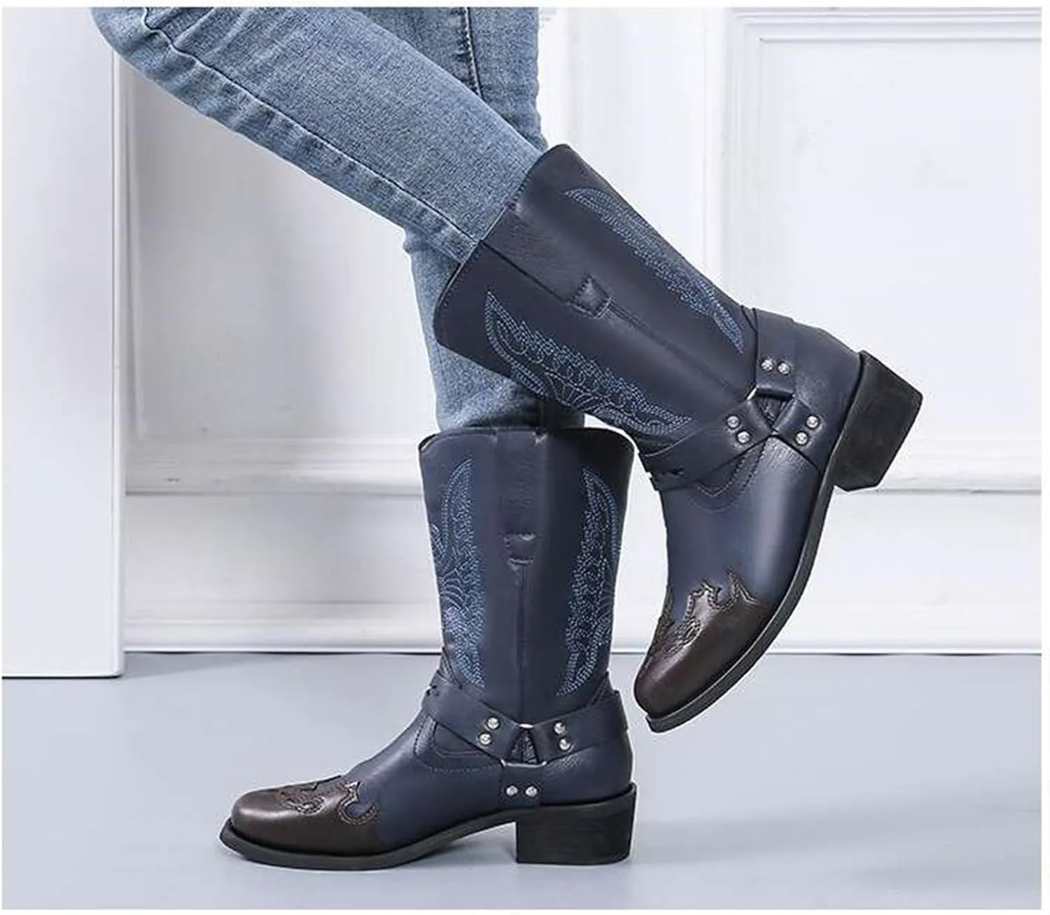 Ladmiple Cowboy Boots For Women Wide Calf Knee High Embroidered Pull-On Chunky Heel Cowgirl Western Fashion Tall Boot