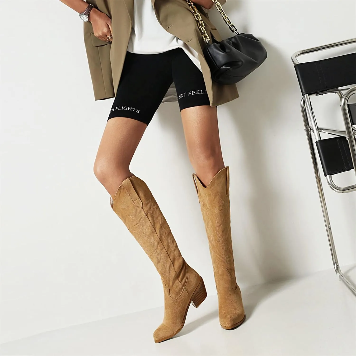 Ladmiple Cowboy Boots For Women Wide Calf Knee High Embroidered Western Chunky Heel Fashion Retro Classic Boot Pull-On