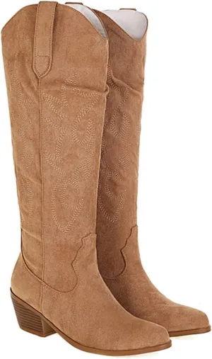 Ladmiple Cowboy Boots For Women Wide Calf Knee High Embroidered Western Chunky Heel Fashion Retro Classic Boot Pull-On
