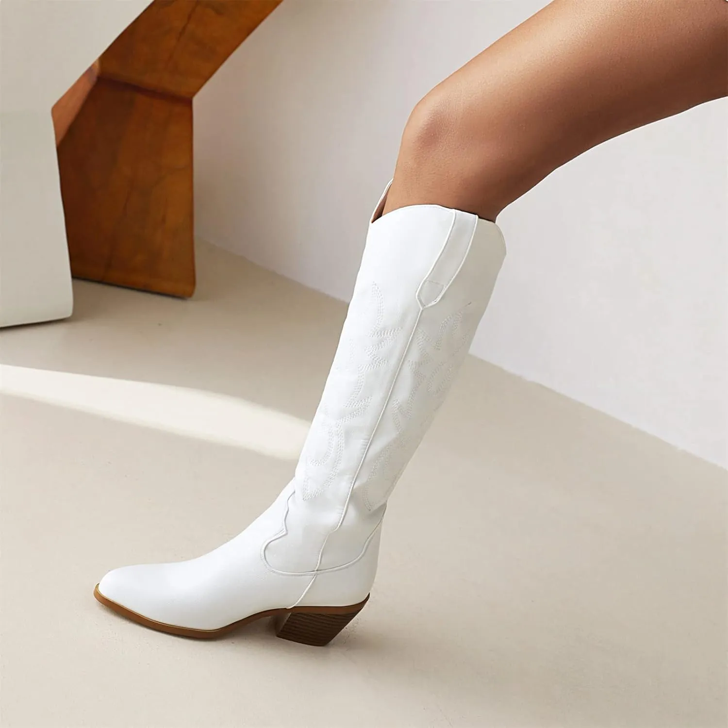 Ladmiple Cowboy Boots For Women Wide Calf Low Heel Cowgirl Embroidered Western Boots Pointed Toe Chunky Heel Pull On Boots