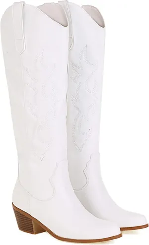 Ladmiple Cowboy Boots For Women Wide Calf Low Heel Cowgirl Embroidered Western Boots Pointed Toe Chunky Heel Pull On Boots