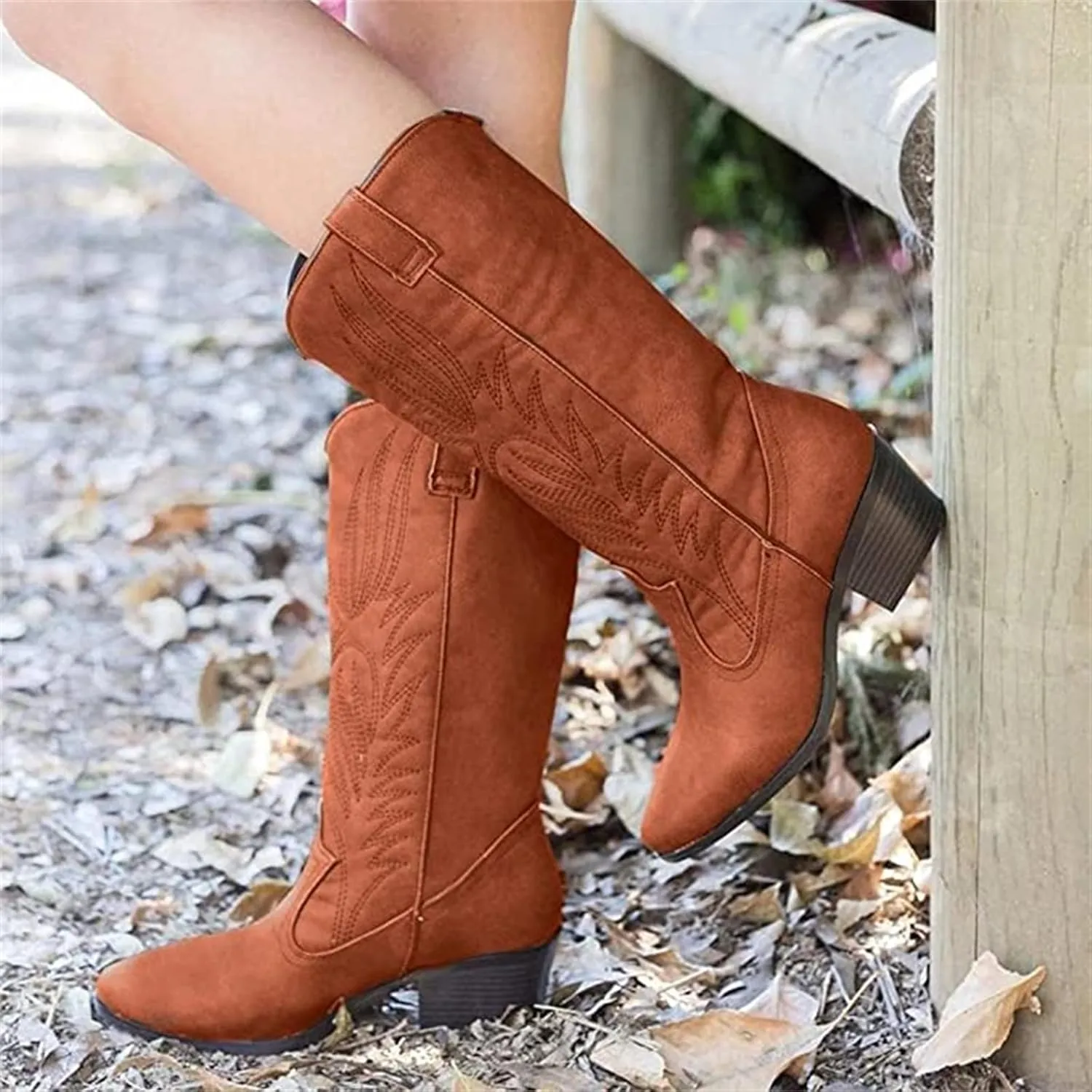 Ladmiple Cowboy Boots For Women Wide Calf Low Heel Cowgirl Western Boots Knee High Embroidered Chunky Heel Fashion Boots