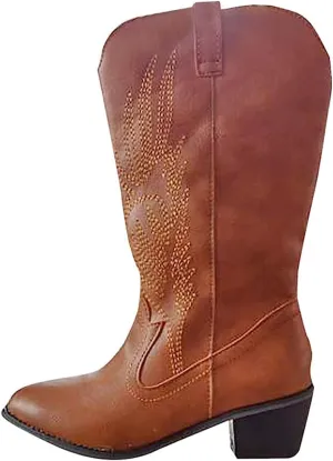 Ladmiple Cowboy Boots For Women Wide Calf Low Heel Cowgirl Western Boots Knee High Embroidered Chunky Heel Fashion Boots