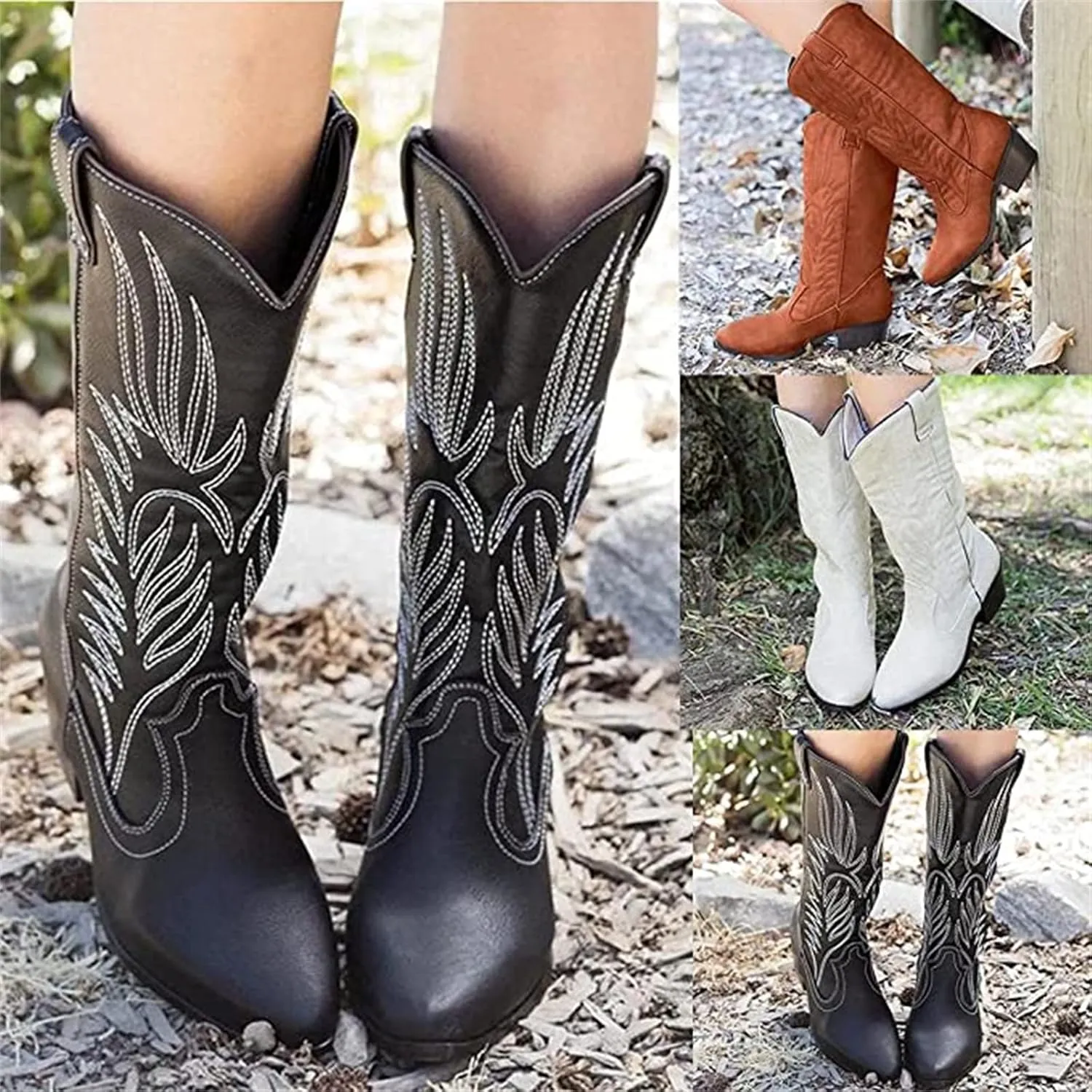 Ladmiple Cowboy Boots For Women Wide Calf Low Heel Cowgirl Western Boots Knee High Embroidered Chunky Heel Fashion Boots