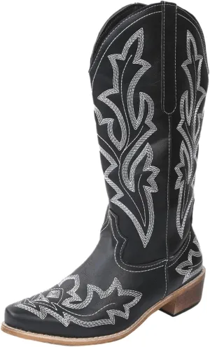 Ladmiple Cowboy Boots For Women Wide Calf Low Heel Knee High Seam Block Heel Pointed Toe Fashion Cowgirl Boots Slip-On
