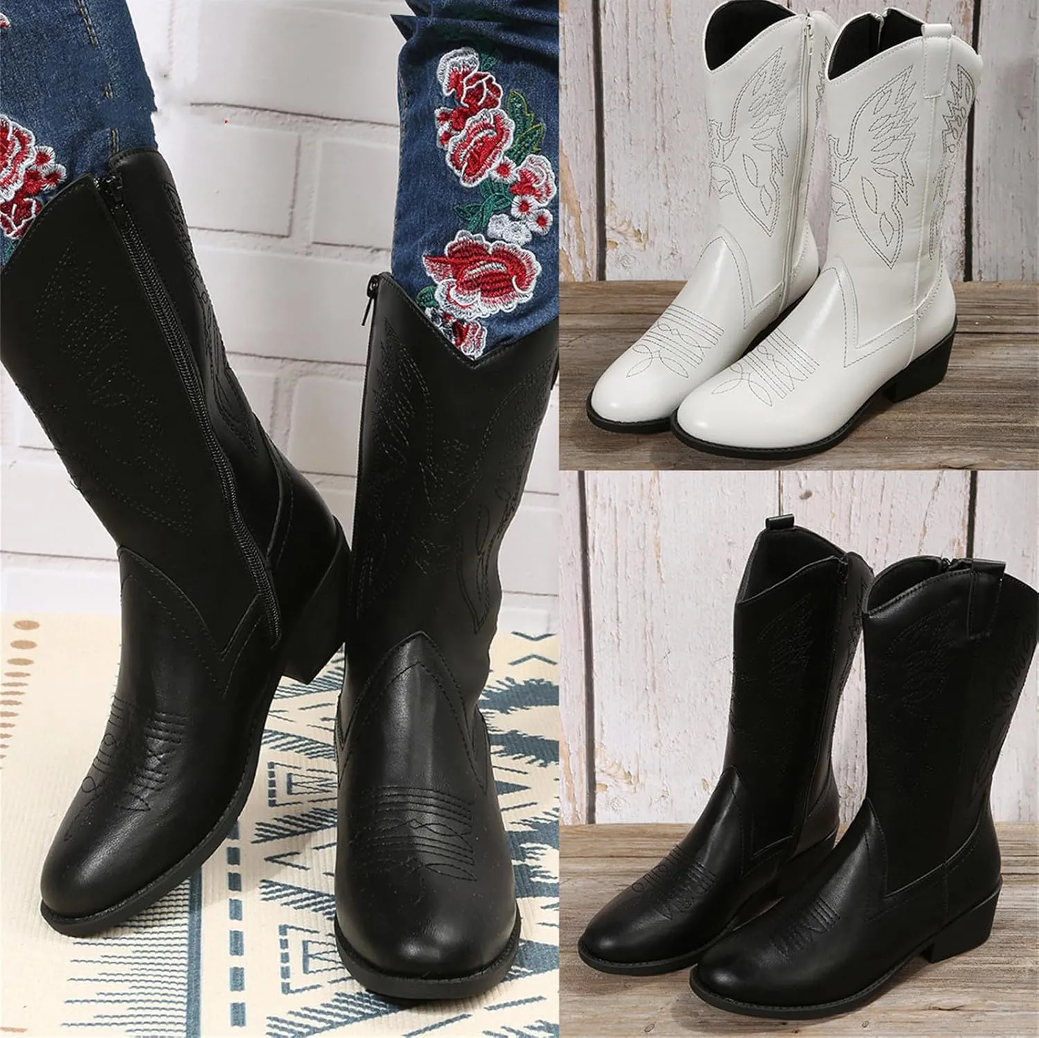 Ladmiple Cowgirl Boots Women Low Heel Embroidered Pull On Cowboy Boots Chunky Heel Knee High Western Riding Wedding Boots