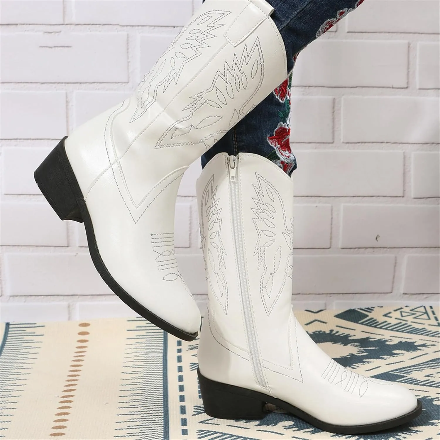 Ladmiple Cowgirl Boots Women Low Heel Embroidered Pull On Cowboy Boots Chunky Heel Knee High Western Riding Wedding Boots