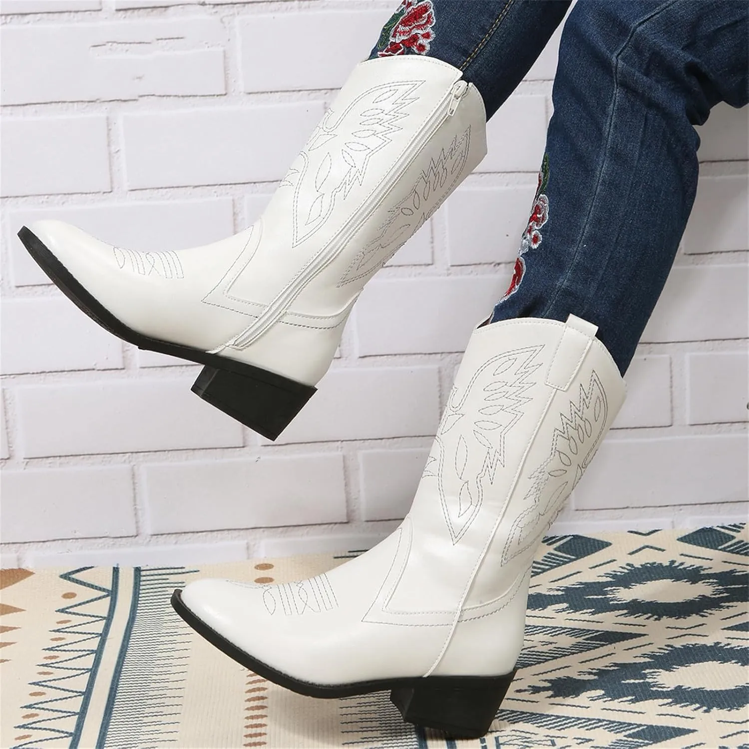 Ladmiple Cowgirl Boots Women Low Heel Embroidered Pull On Cowboy Boots Chunky Heel Knee High Western Riding Wedding Boots