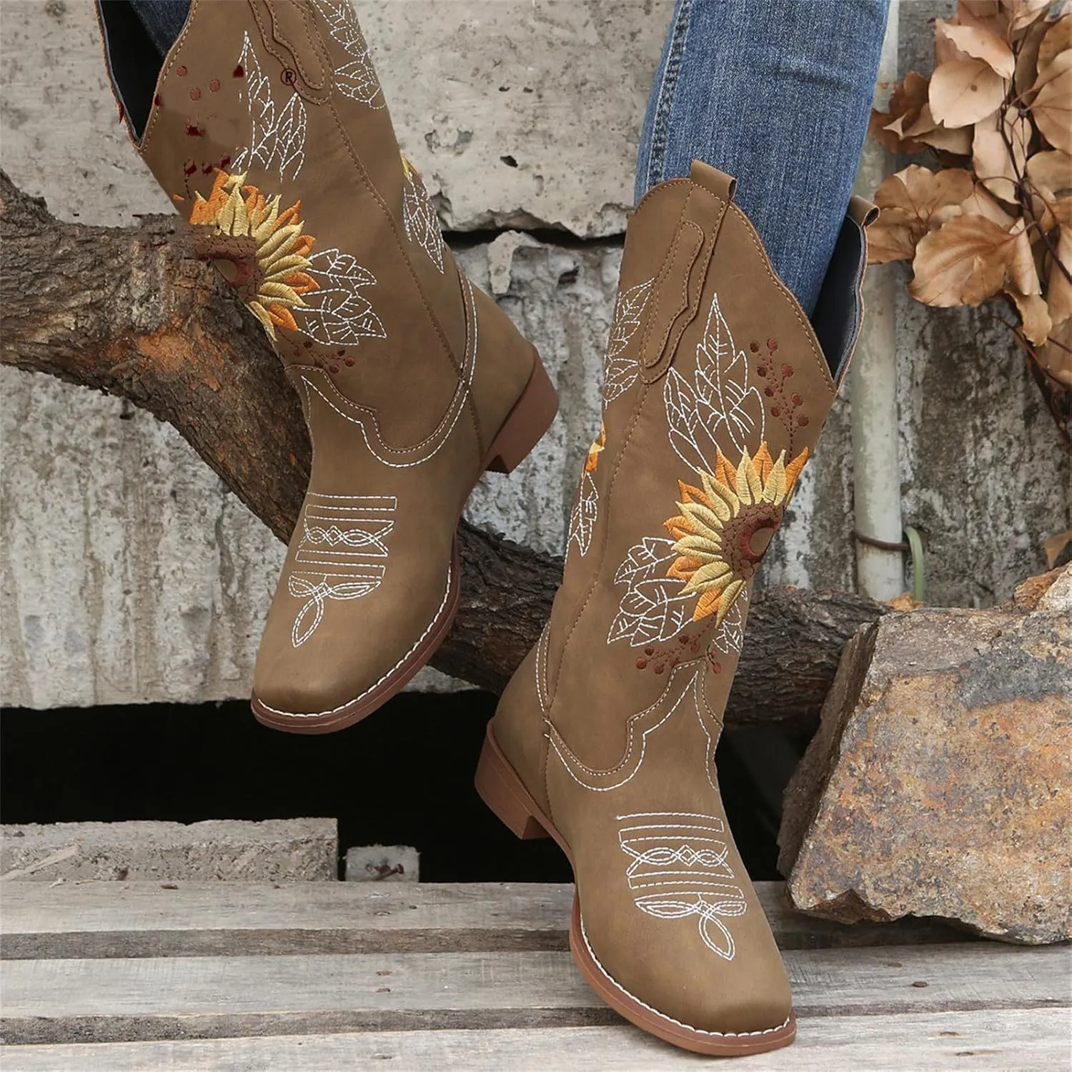 Ladmiple Cowgirl Boots Women Wide Calf Knee High Embroidered Mid-Calf Chunky Heel Pull On Western Cowboy Boots for Ladies