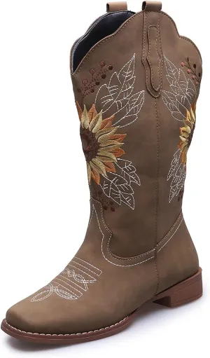 Ladmiple Cowgirl Boots Women Wide Calf Knee High Embroidered Mid-Calf Chunky Heel Pull On Western Cowboy Boots for Ladies