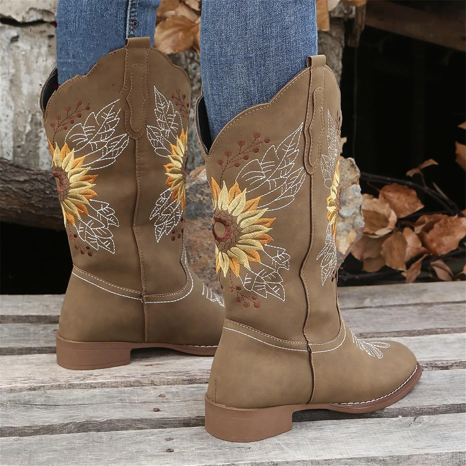 Ladmiple Cowgirl Boots Women Wide Calf Knee High Embroidered Mid-Calf Chunky Heel Pull On Western Cowboy Boots for Ladies