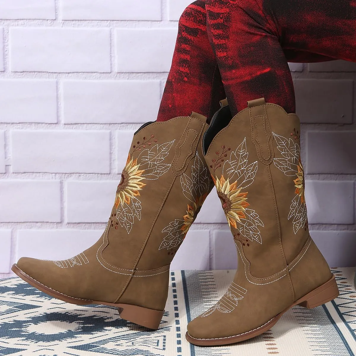 Ladmiple Cowgirl Boots Women Wide Calf Knee High Embroidered Mid-Calf Chunky Heel Pull On Western Cowboy Boots for Ladies