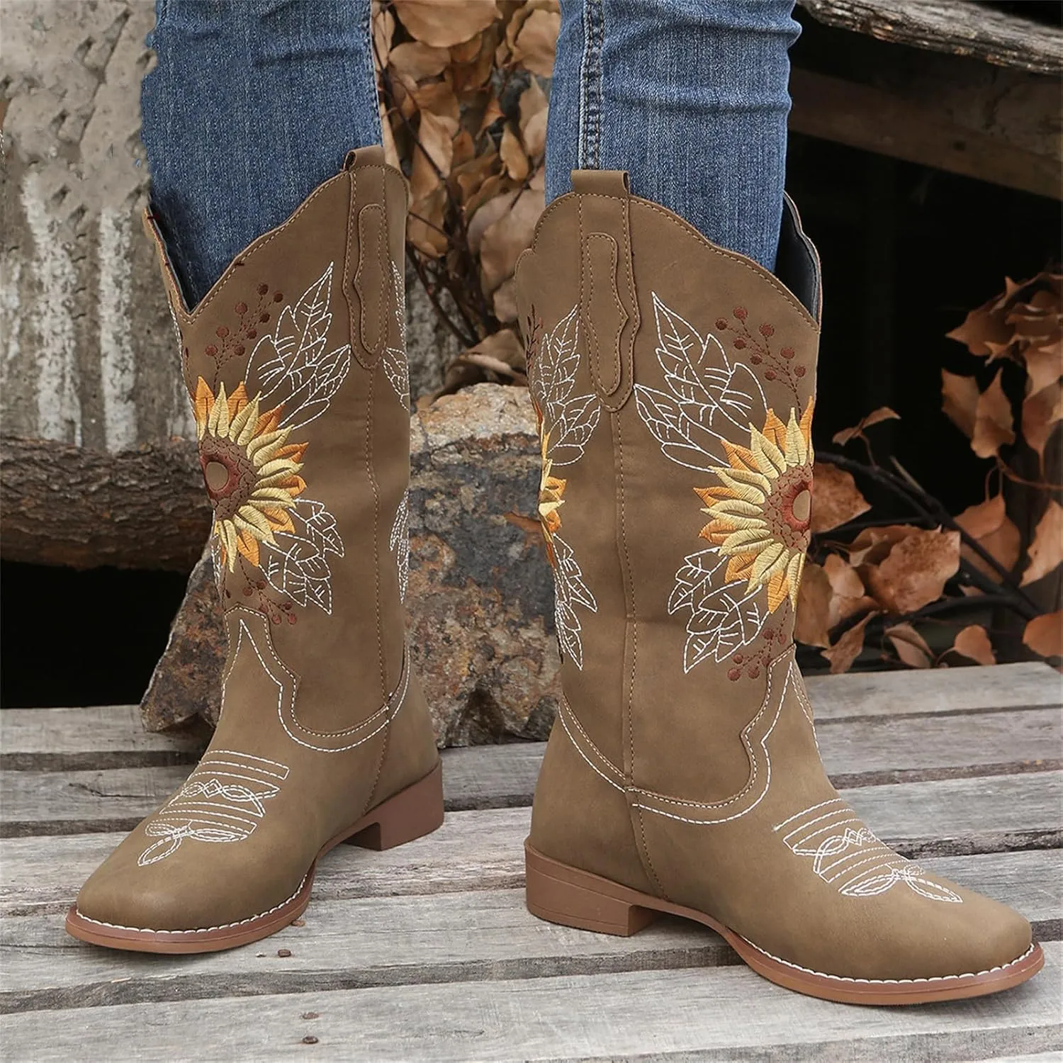 Ladmiple Cowgirl Boots Women Wide Calf Knee High Embroidered Mid-Calf Chunky Heel Pull On Western Cowboy Boots for Ladies