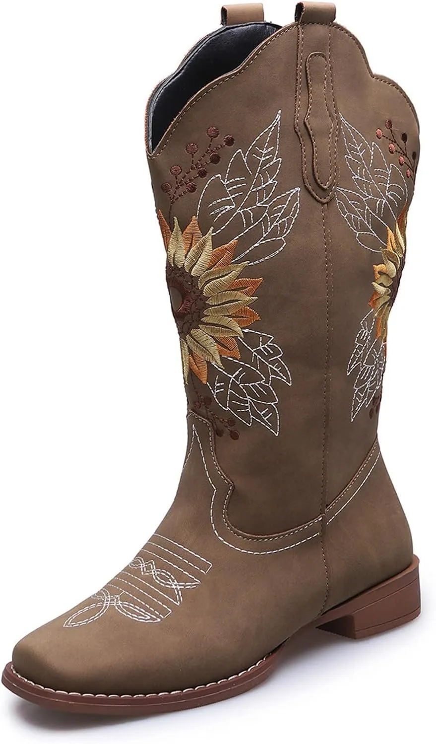Ladmiple Cowgirl Boots Women Wide Calf Knee High Embroidered Mid-Calf Chunky Heel Pull On Western Cowboy Boots for Ladies