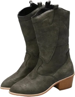 Ladmiple Cowgirl Boots Women Wide Calf Knee High Western Cowboy Boots Embroidered Pull On Chunky Heel Fashion Boots