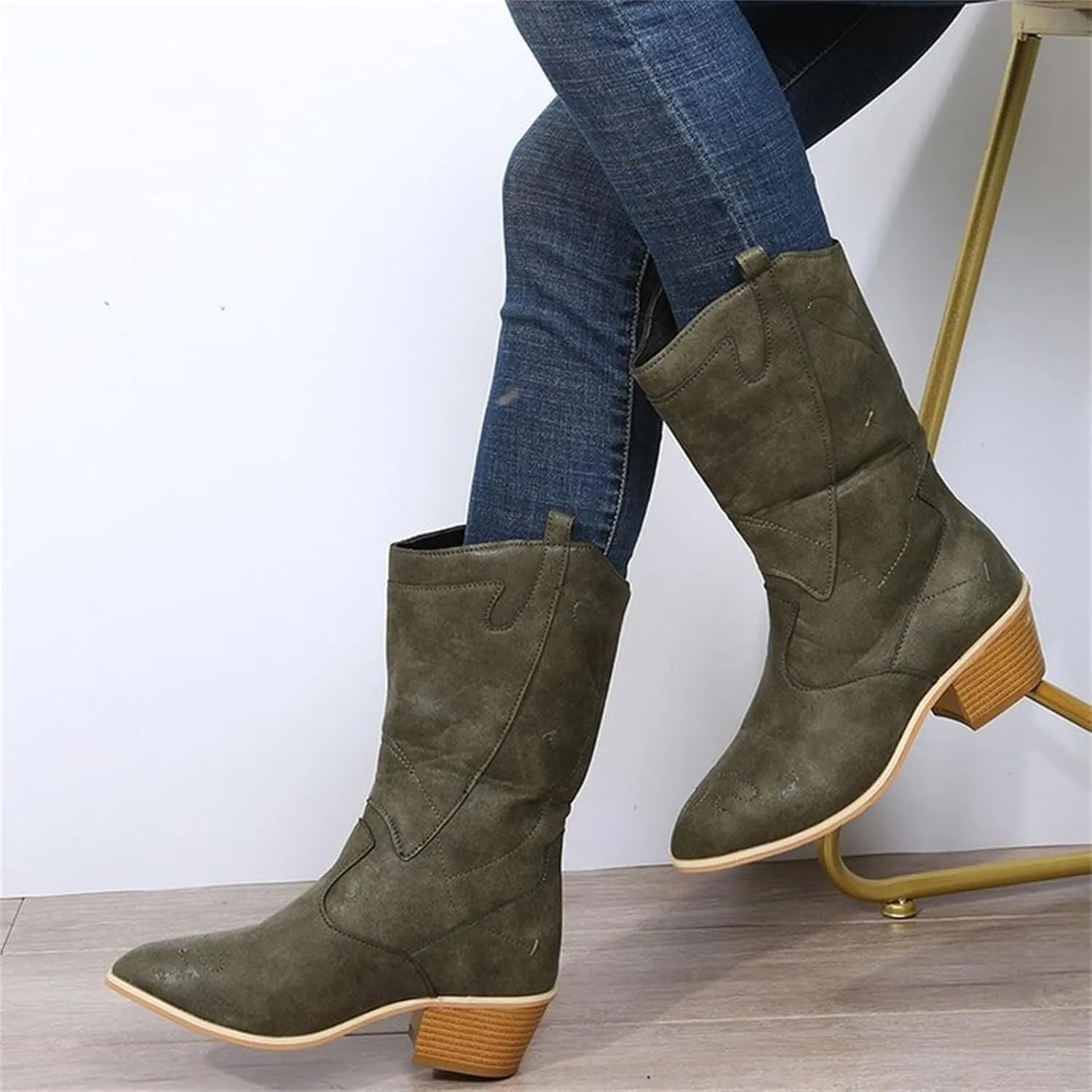 Ladmiple Cowgirl Boots Women Wide Calf Knee High Western Cowboy Boots Embroidered Pull On Chunky Heel Fashion Boots