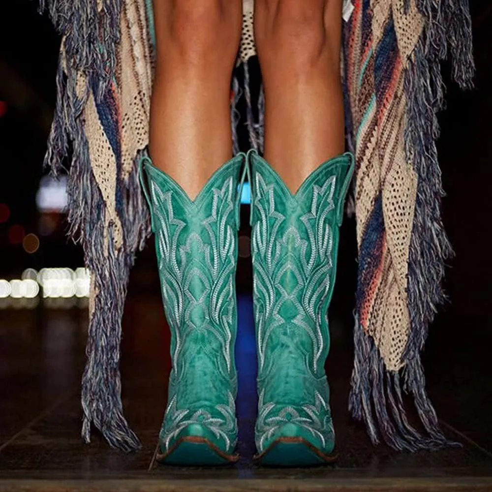 Ladmiple Cowgirl Boots Women Wide Width Cowboy Western Boots Fashion Embroidered Knee High Chunky Heel Boot Pull-On