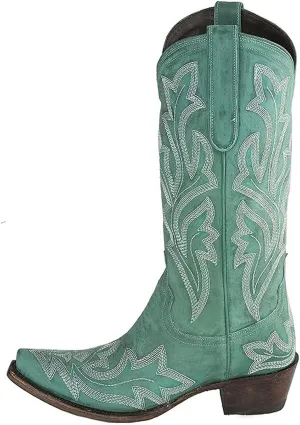 Ladmiple Cowgirl Boots Women Wide Width Cowboy Western Boots Fashion Embroidered Knee High Chunky Heel Boot Pull-On