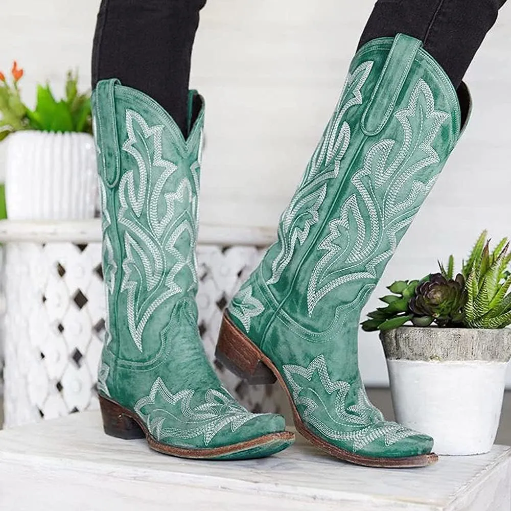 Ladmiple Cowgirl Boots Women Wide Width Cowboy Western Boots Fashion Embroidered Knee High Chunky Heel Boot Pull-On