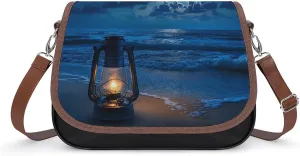 Lamp Moon And Beach Print Crossbody Bags PU Leather Purses Shoulder Handbag with Adjustable Shoulder Strap
