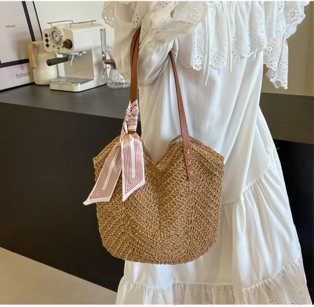 Large capacity Bag Sweet - decorated Straw Handbag, Essential for Stylish Outings Ladies shoulder Bag(Beige,A)