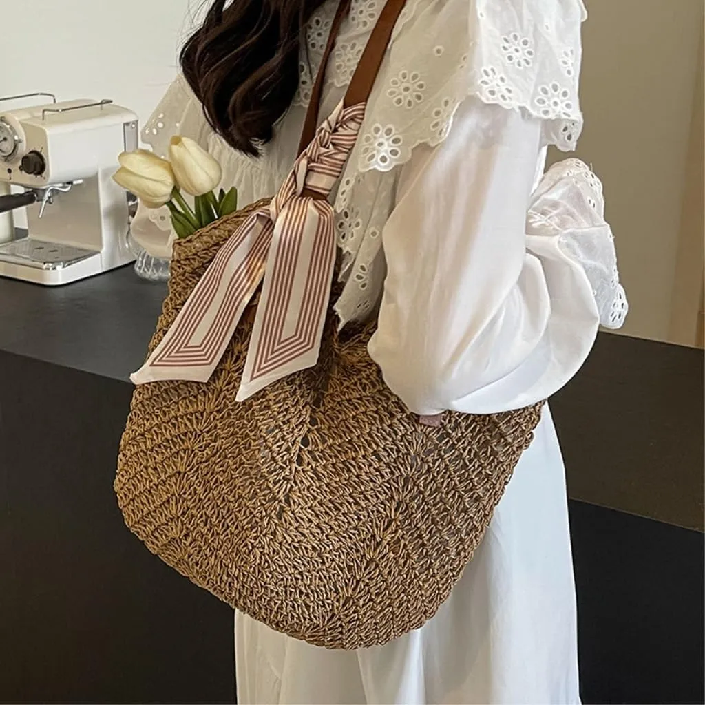 Large capacity Bag Sweet - decorated Straw Handbag, Essential for Stylish Outings Ladies shoulder Bag(Beige,A)