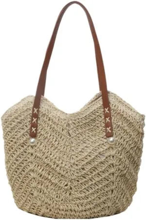 Large capacity Bag Sweet - decorated Straw Handbag, Essential for Stylish Outings Ladies shoulder Bag(Beige,A)